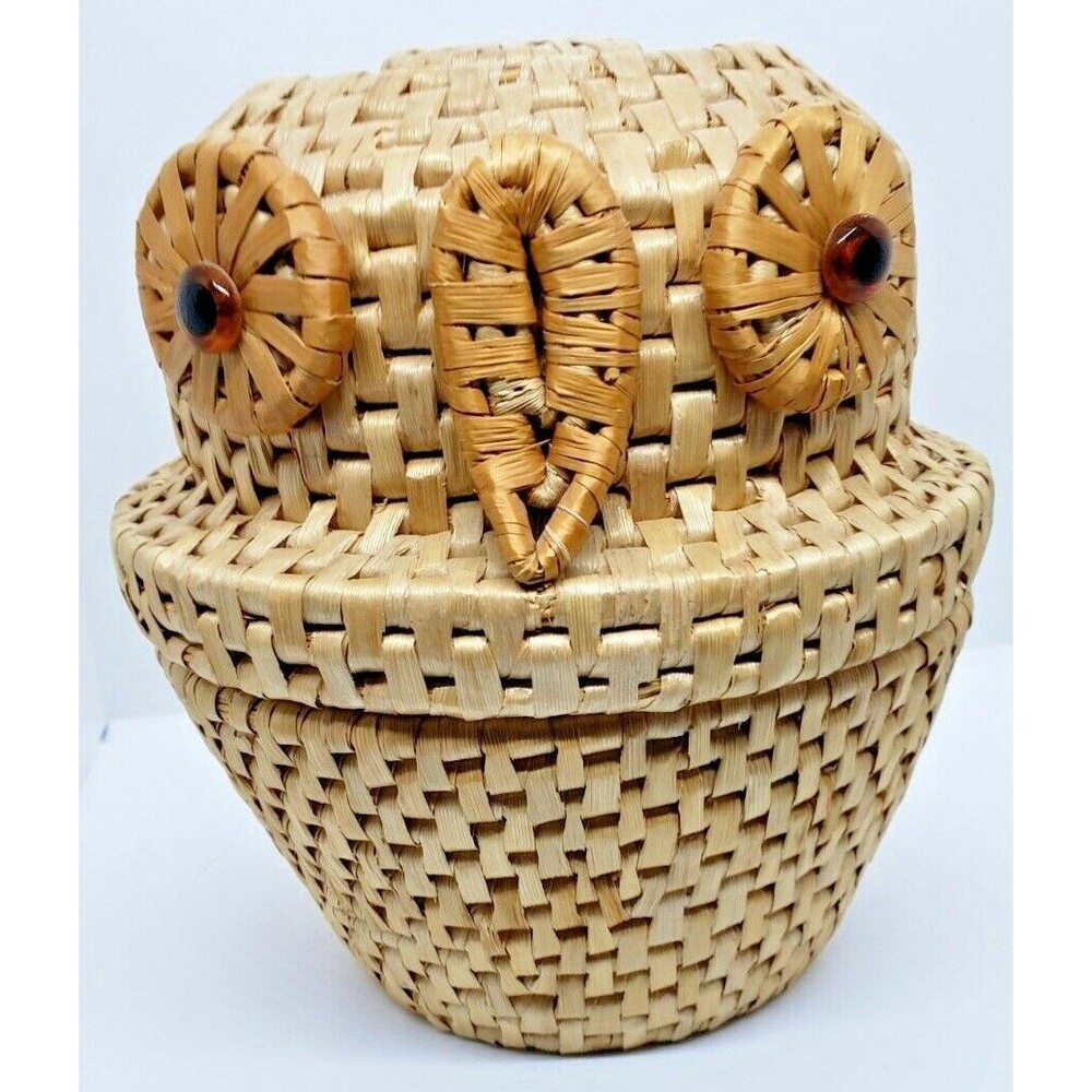 Owl Tan Basket Woven With Glass Brown Eyes and Top fits on Rim